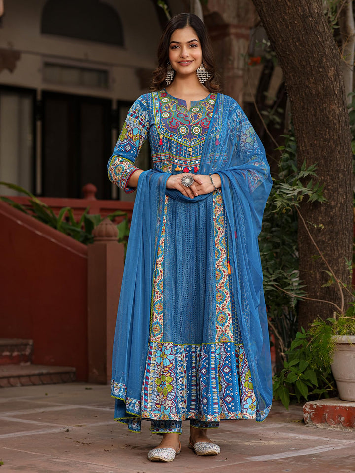 Women's Blue Cotton Cambric Printed Kurta Set