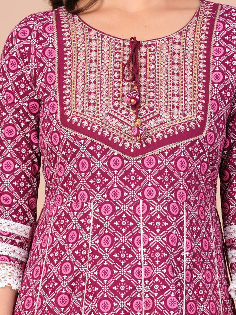Women's Floral Printed Gotta Patti Anarkali Kurta with Trousers & With Dupatta