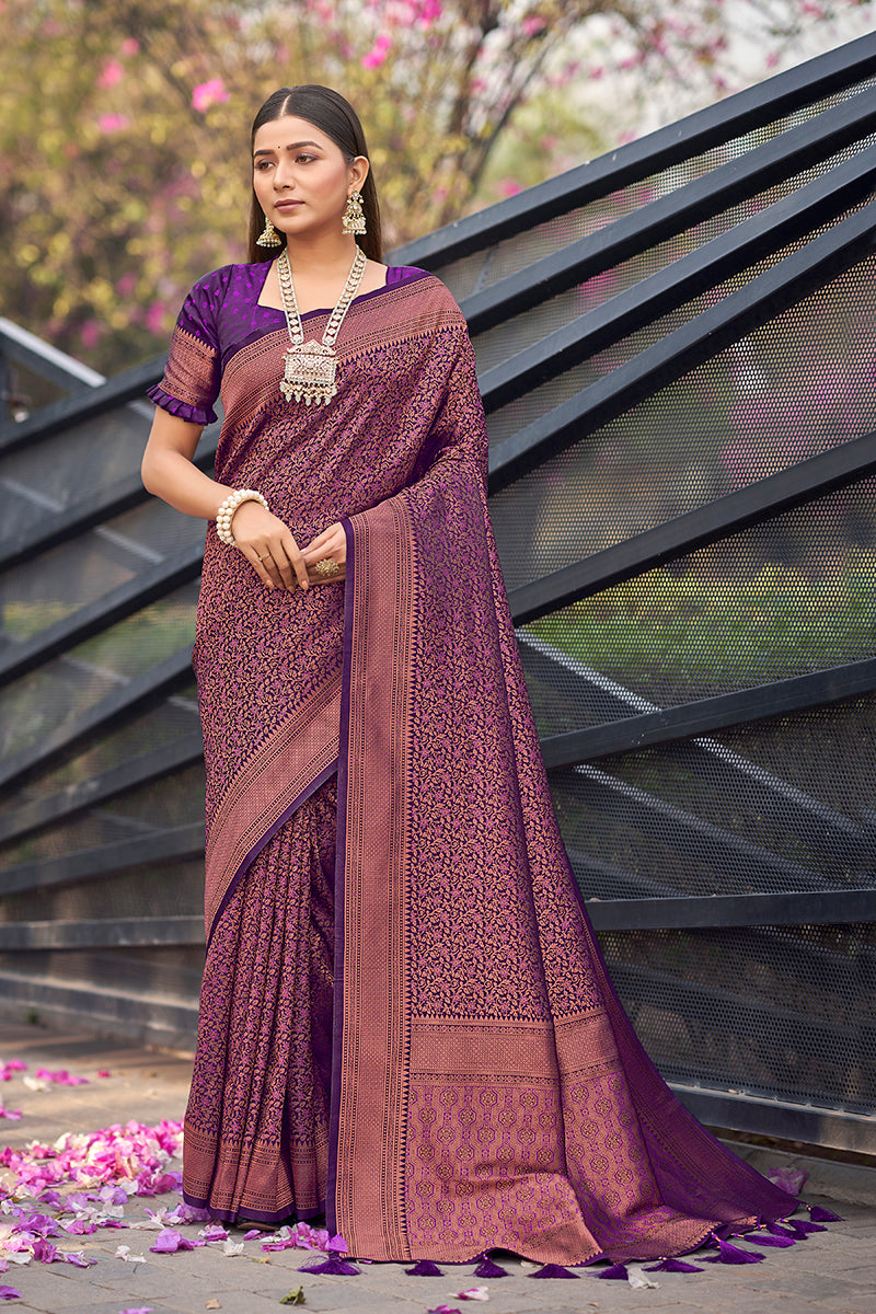 Women's Purple Colour Woven Designer Banarasi Silk Sarees - Monjolika