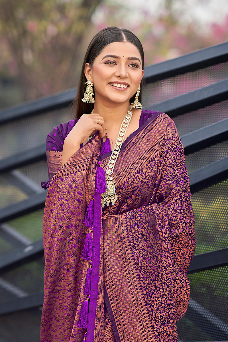 Women's Purple Colour Woven Designer Banarasi Silk Sarees - Monjolika