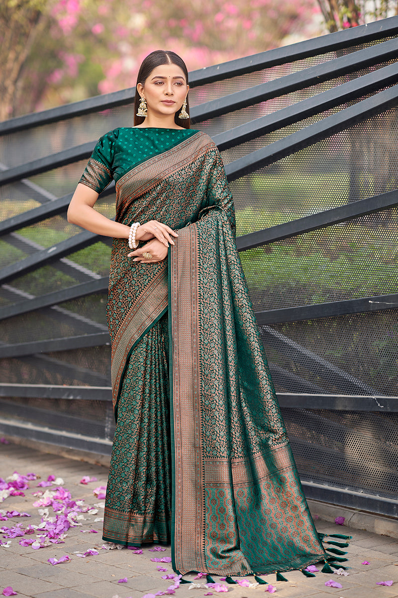 Women's Dark Teal Colour Woven Designer Banarasi Silk Sarees - Monjolika