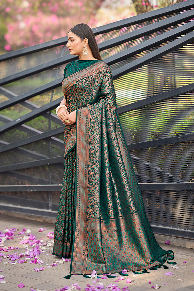 Women's Dark Teal Colour Woven Designer Banarasi Silk Sarees - Monjolika