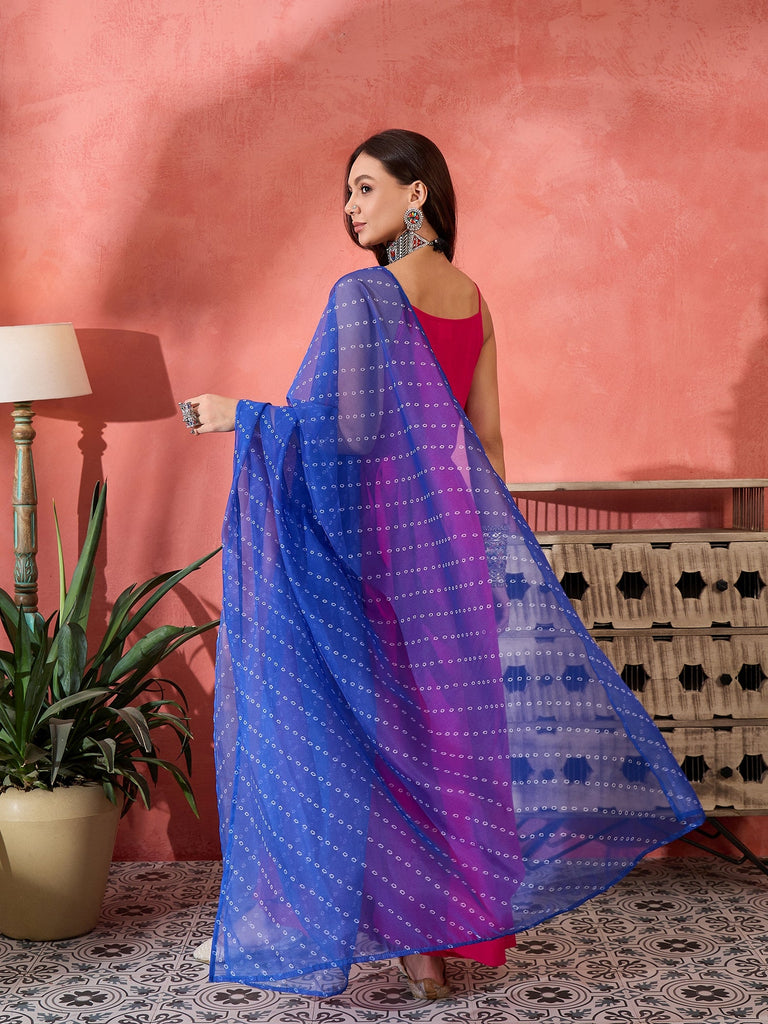 Women's Fuchsia Strappy Kurta Set Blue Bandhani Or Dupatta