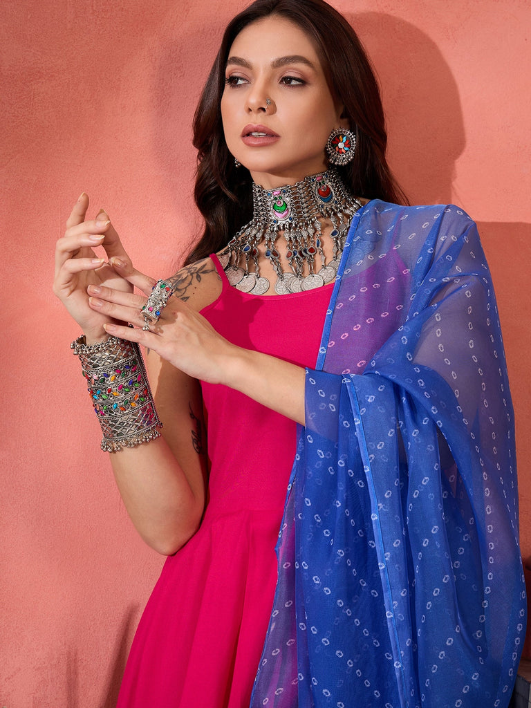 Women's Fuchsia Strappy Kurta Set Blue Bandhani Or Dupatta