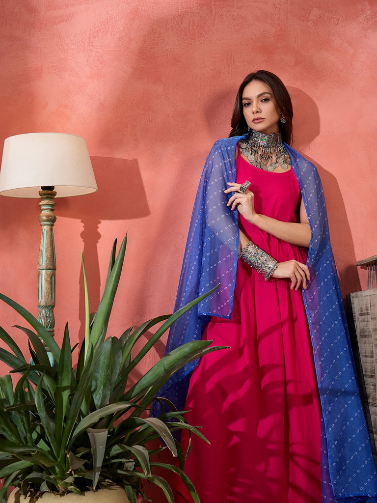 Women's Fuchsia Strappy Kurta Set Blue Bandhani Or Dupatta