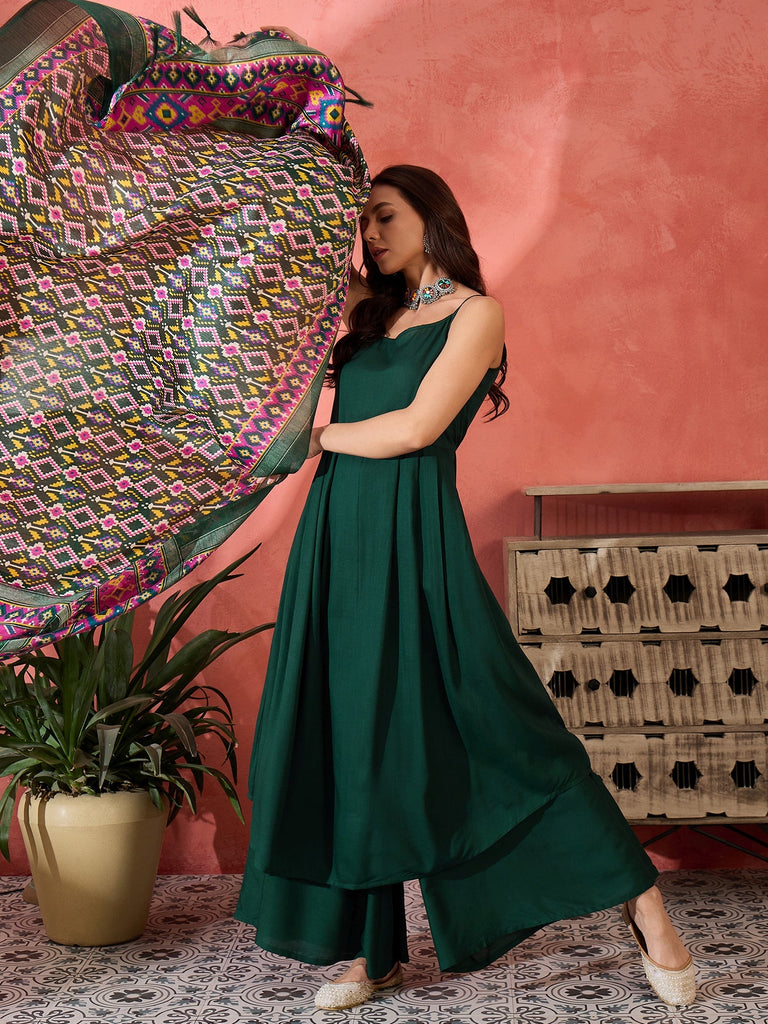 Women's Green Strappy Kurta Set Green Patola Dupatta