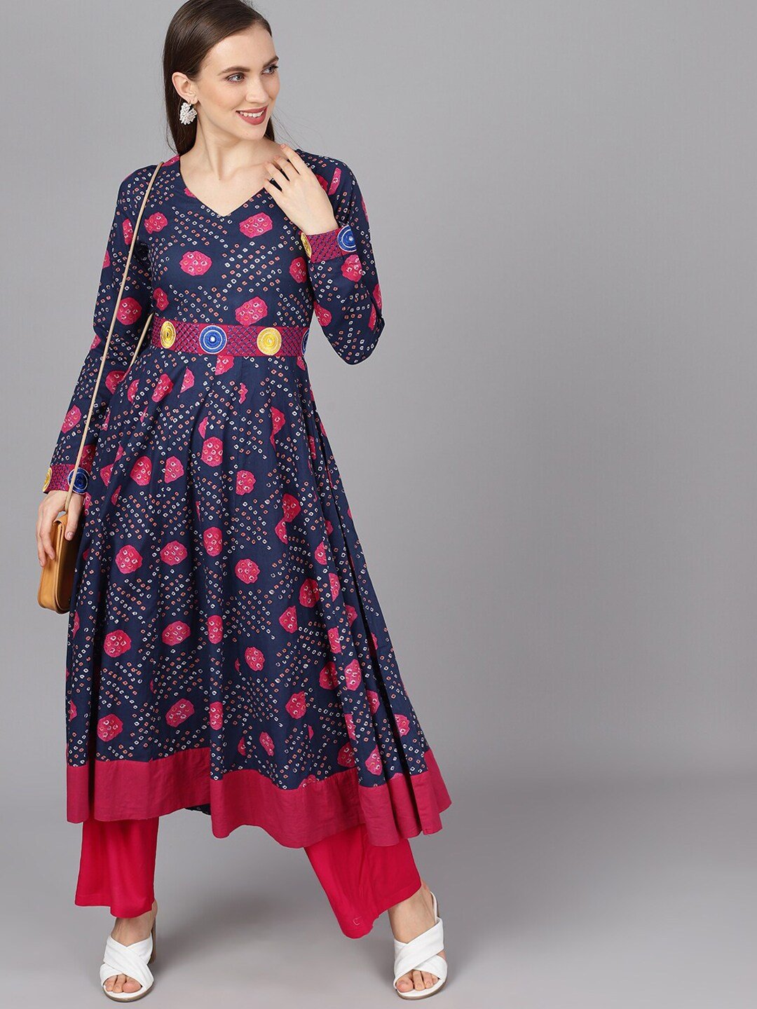 Women's  Navy Blue & Magenta Bandhani Printed Anarkali Kurta -