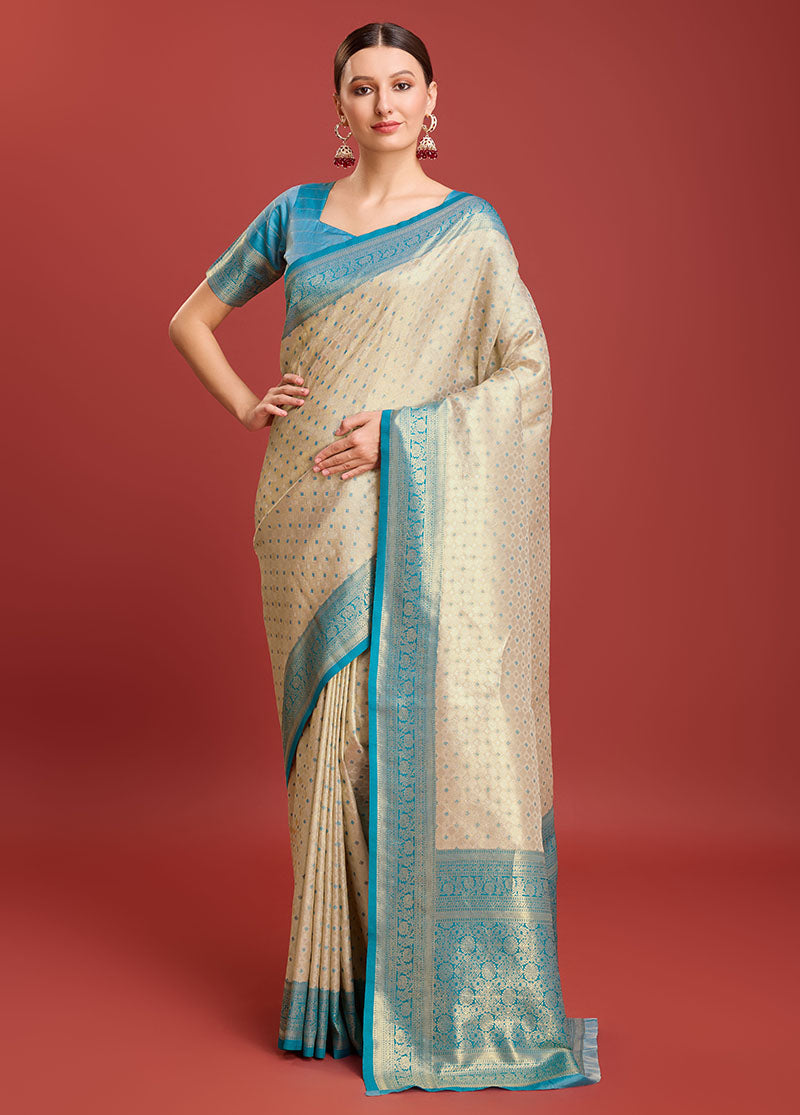 Women's Sky Blue Colour Woven Designer Kanjivaram Silk Sarees - Monjolika