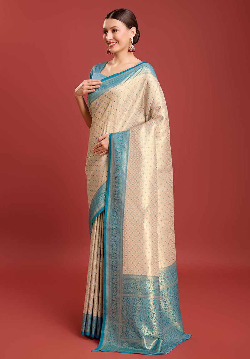 Women's Sky Blue Colour Woven Designer Kanjivaram Silk Sarees - Monjolika
