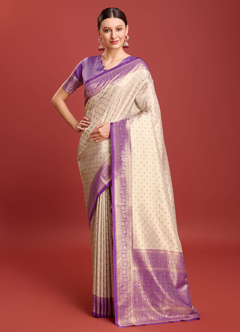 Women's Lavender Colour Woven Designer Kanjivaram Silk Sarees - Monjolika