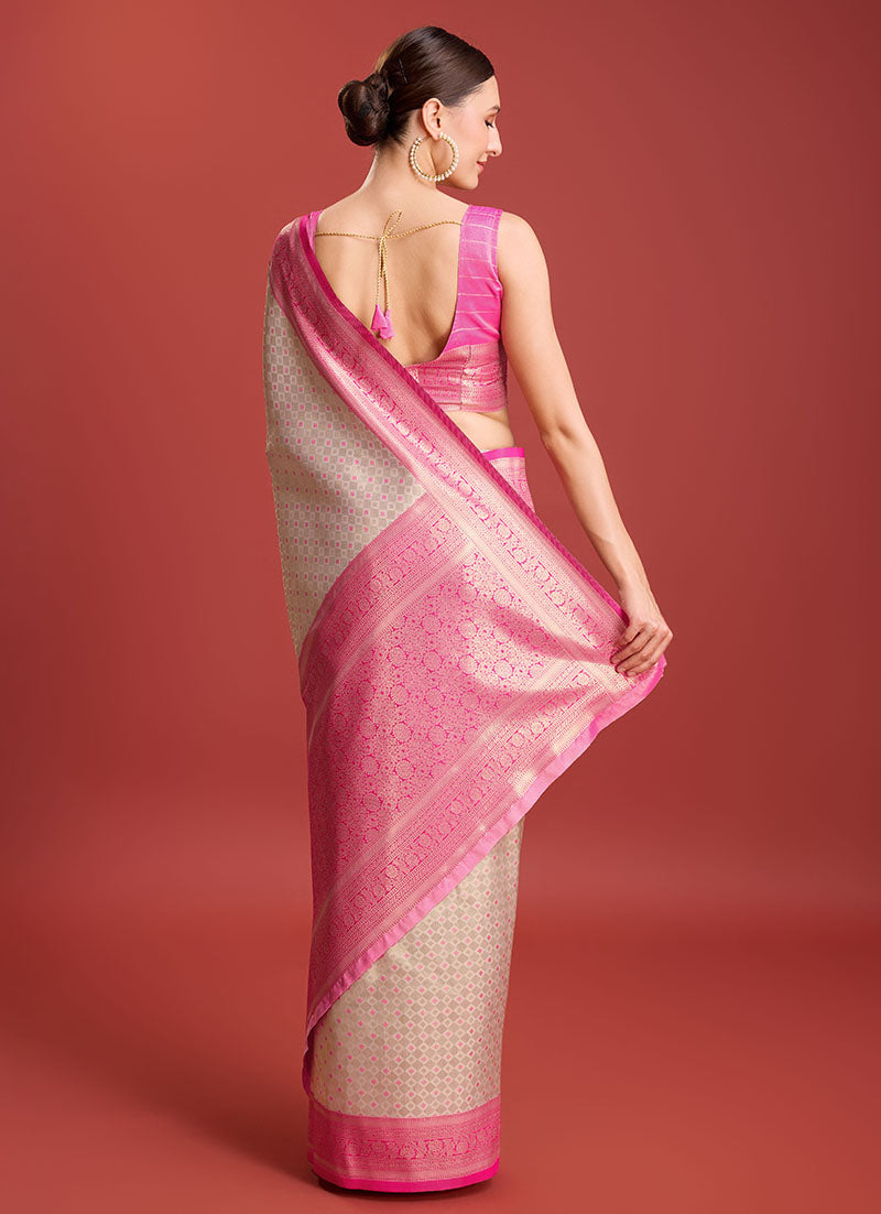 Women's Pink Colour Woven Designer Kanjivaram Silk Sarees - Monjolika