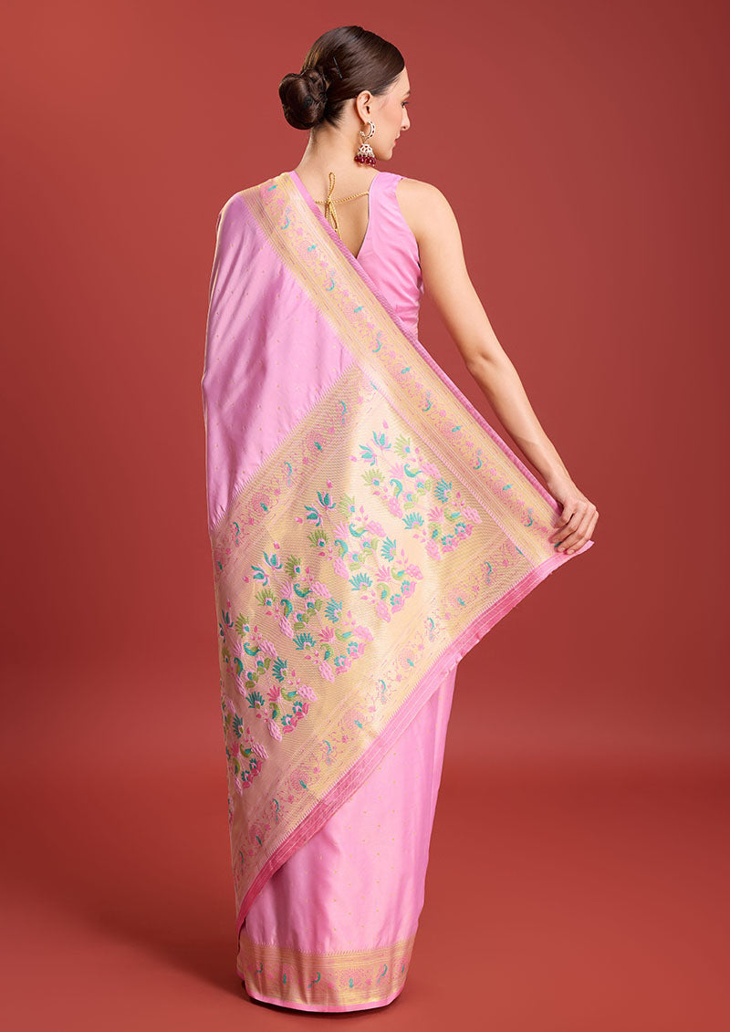 Women's Light Pink Colour Woven Paithani Silk Saree For Women - Monjolika