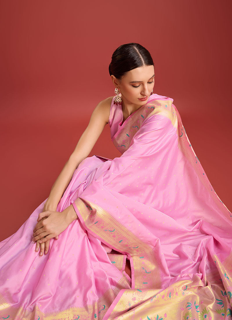Women's Light Pink Colour Woven Paithani Silk Saree For Women - Monjolika