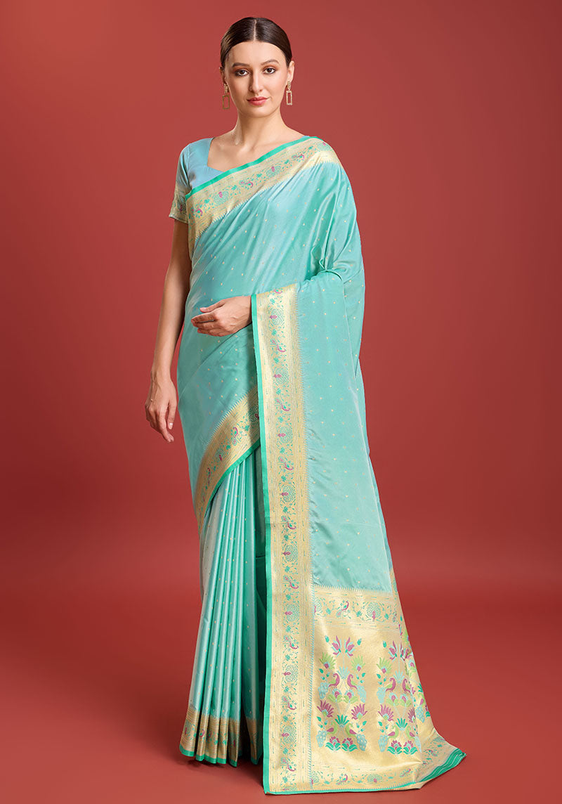 Women's Sky Blue Colour Woven Paithani Silk Saree For Women - Monjolika