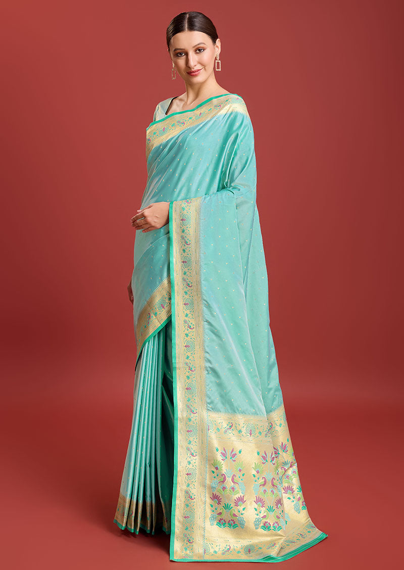 Women's Sky Blue Colour Woven Paithani Silk Saree For Women - Monjolika