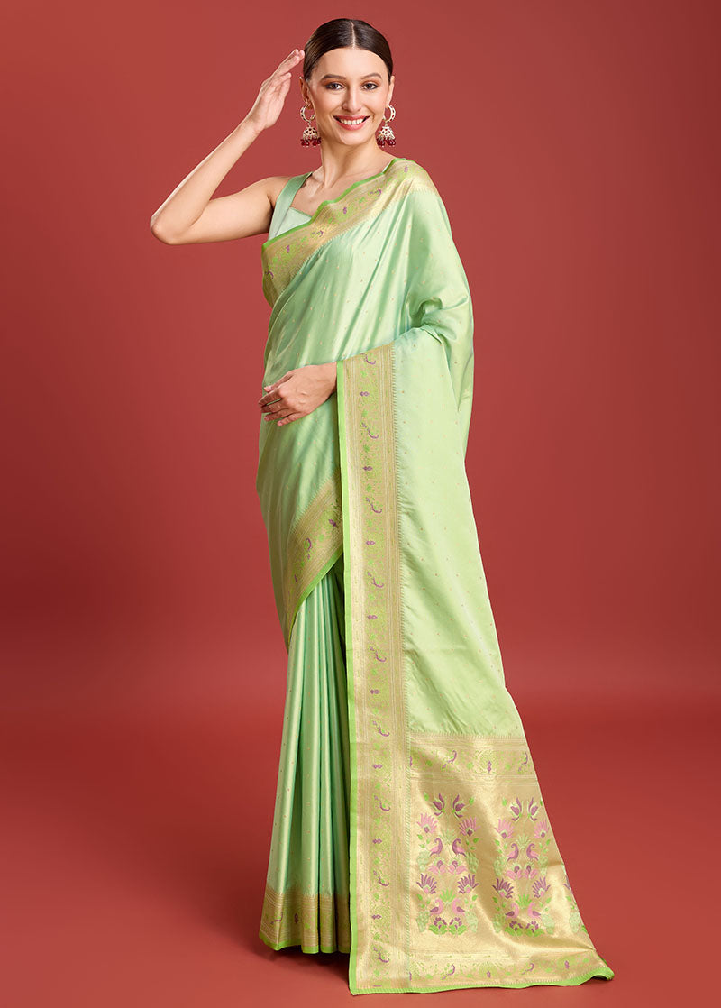 Women's Light Green Colour Woven Paithani Silk Saree For Women - Monjolika