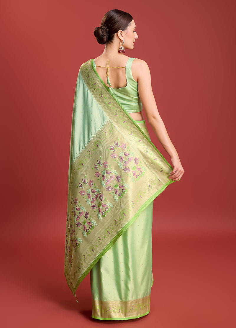 Women's Light Green Colour Woven Paithani Silk Saree For Women - Monjolika