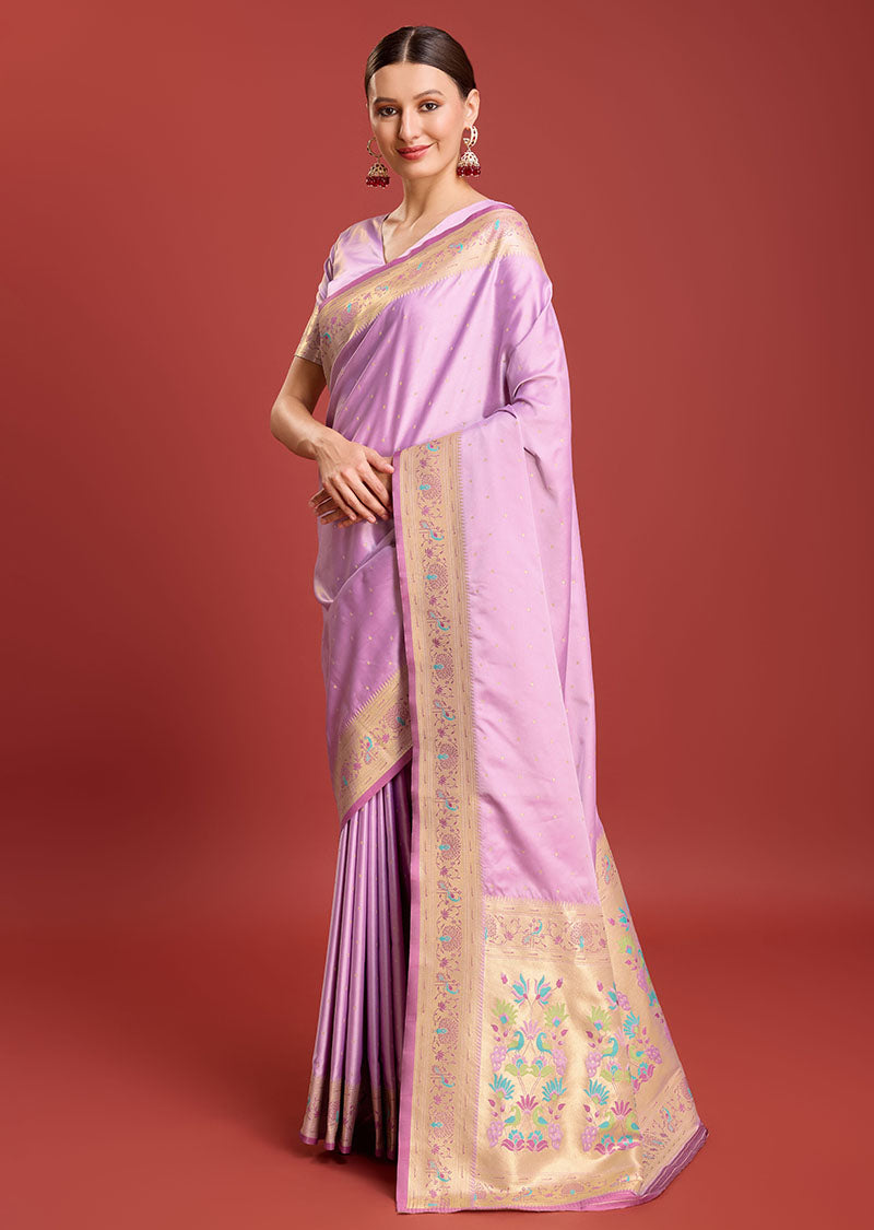 Women's Lavender Colour Woven Paithani Silk Saree For Women - Monjolika
