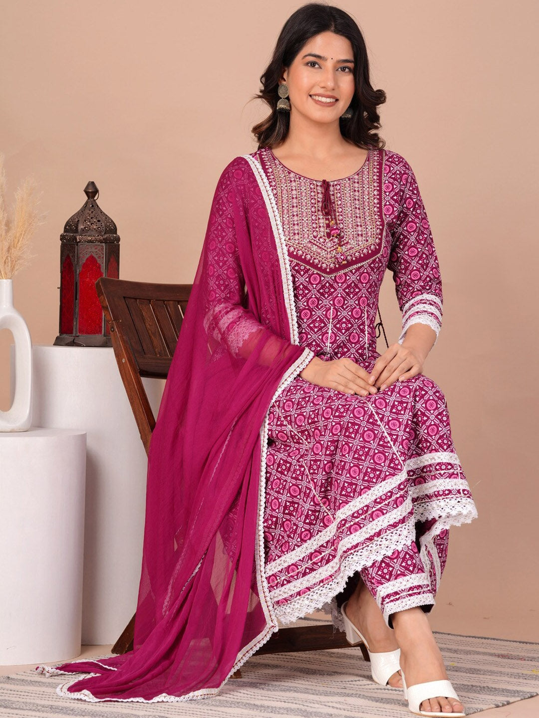 Women's Floral Printed Gotta Patti Anarkali Kurta with Trousers & With Dupatta - Taantav