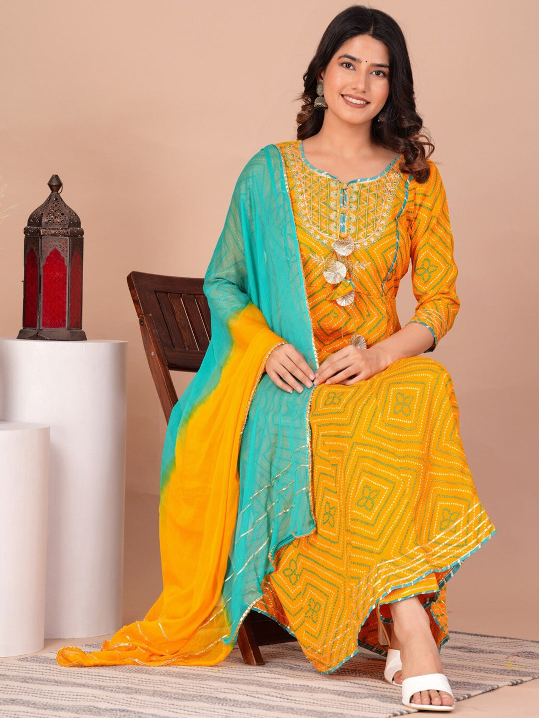 Women's Bandhani Printed Regular Kurta With Palazzos & Dupatta - Taantav