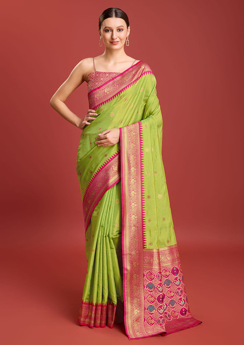 Women's Parrot Green Colour Patola Printed Designer Kanjivaram Silk Sarees - Monjolika