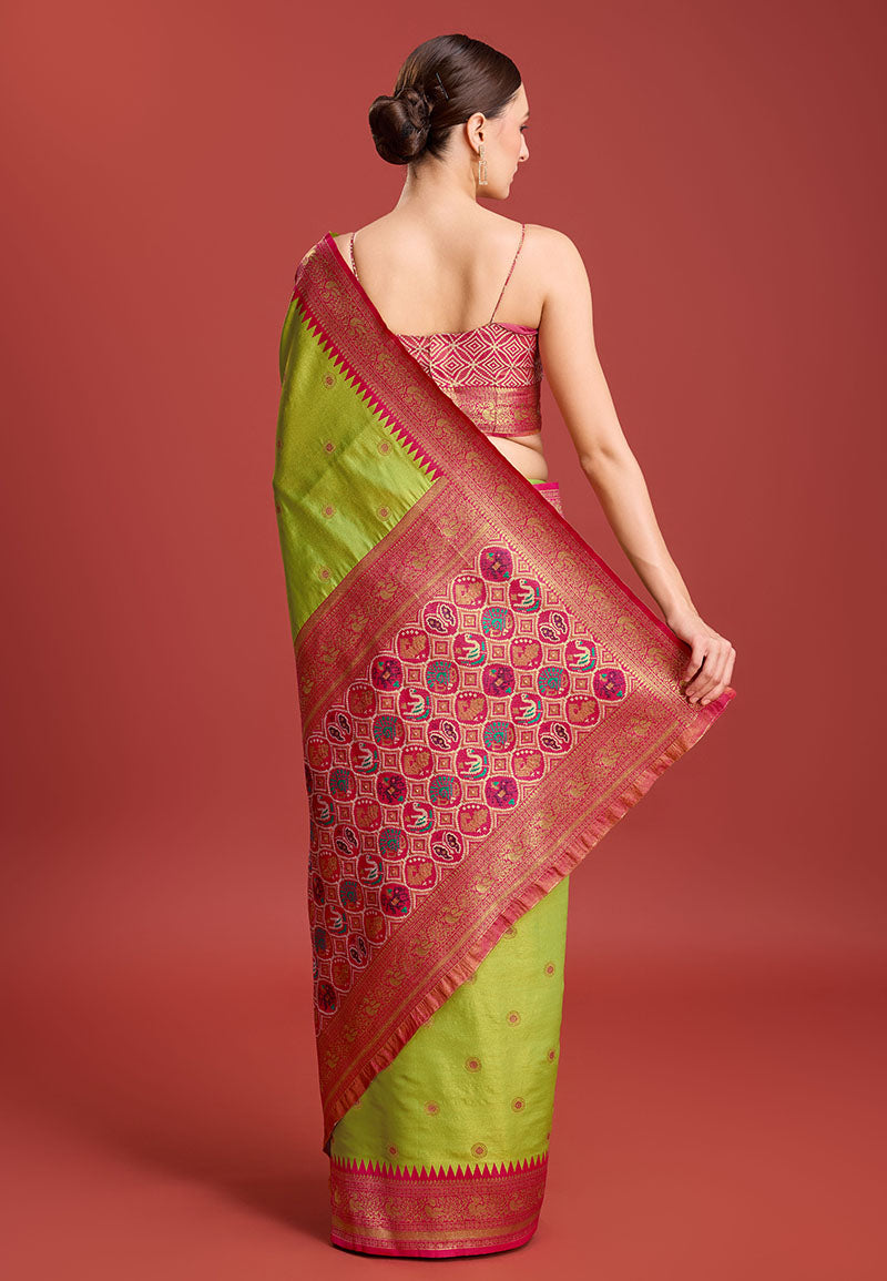 Women's Parrot Green Colour Patola Printed Designer Kanjivaram Silk Sarees - Monjolika