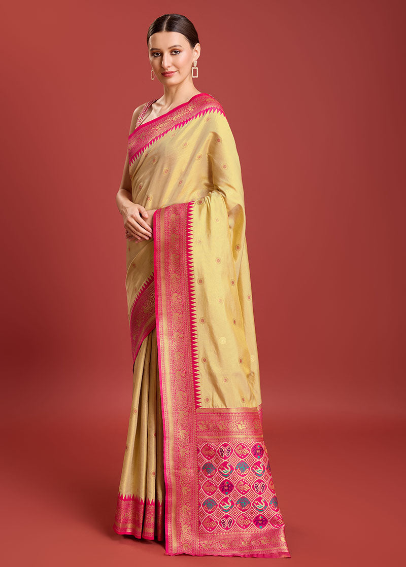 Women's Beige Colour Woven Patola Printed Kanjivaram Silk Sarees - Monjolika
