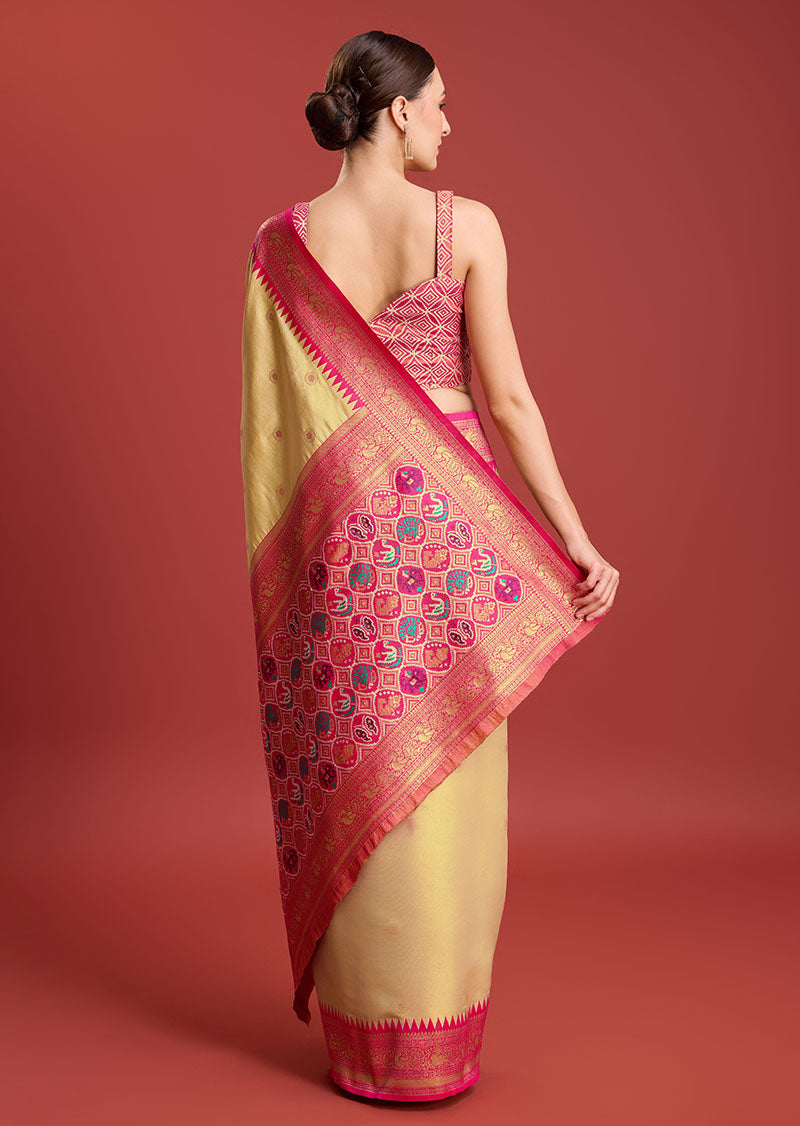 Women's Beige Colour Woven Patola Printed Kanjivaram Silk Sarees - Monjolika