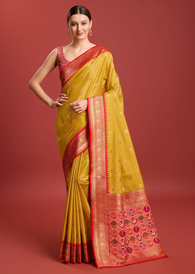 Women's Mustard Colour Patola Printed Designer Kanjivaram Silk Sarees - Monjolika