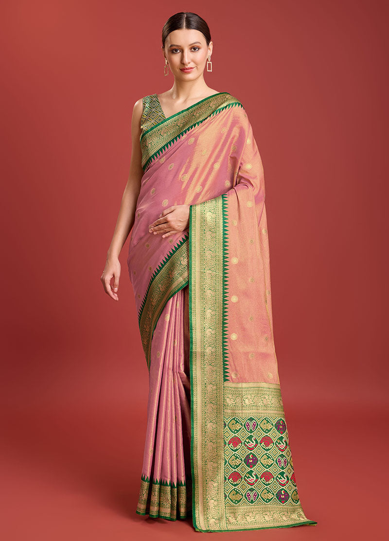 Women's Rose Pink Colour Patola Printed Designer Kanjivaram Silk Sarees - Monjolika