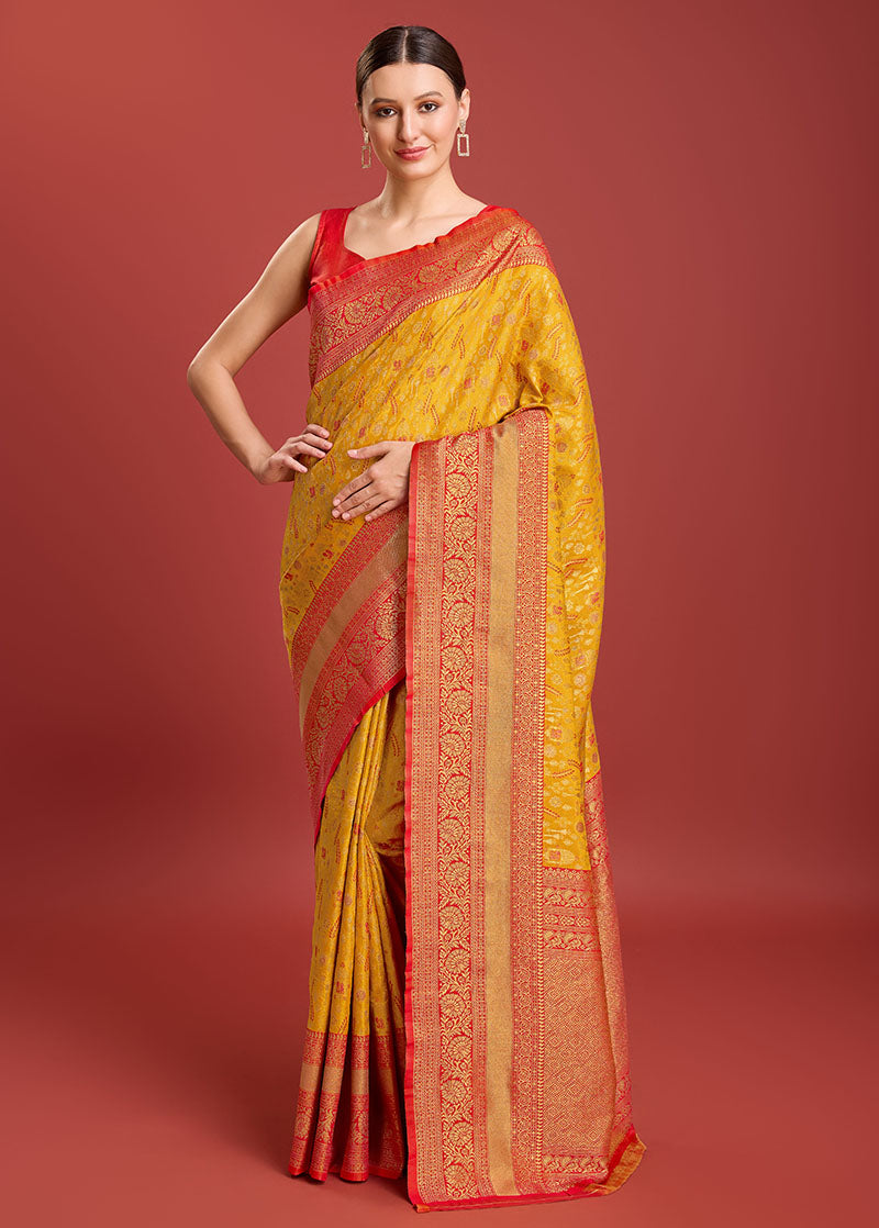 Women's Mustard Colour Kanjivaram Silk Woven Traditional Sarees - Monjolika