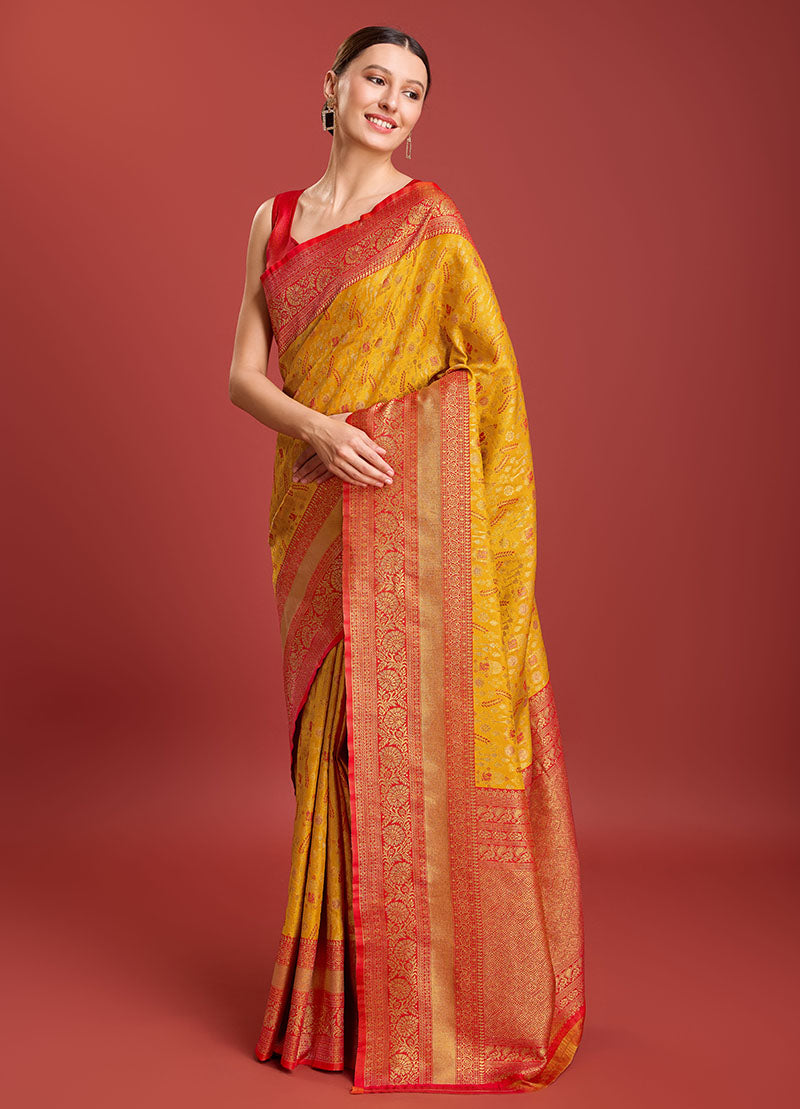 Women's Mustard Colour Kanjivaram Silk Woven Traditional Sarees - Monjolika