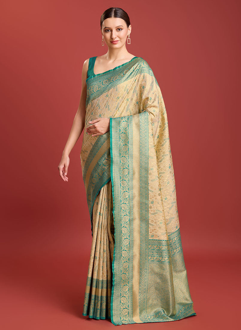 Women's Beige Colour Kanjivaram Silk Woven Traditional Sarees - Monjolika