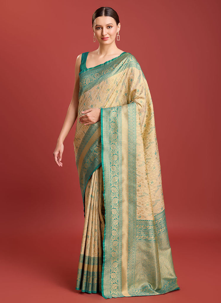 Women's Beige Colour Kanjivaram Silk Woven Traditional Sarees