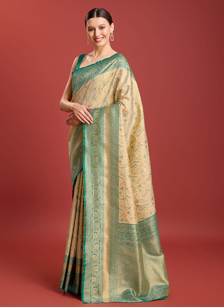 Women's Beige Colour Kanjivaram Silk Woven Traditional Sarees