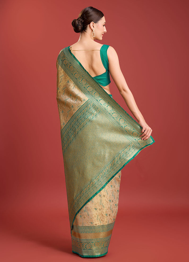 Women's Beige Colour Kanjivaram Silk Woven Traditional Sarees - Monjolika