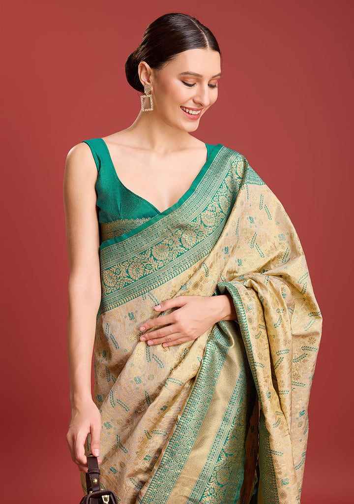 Women's Beige Colour Kanjivaram Silk Woven Traditional Sarees