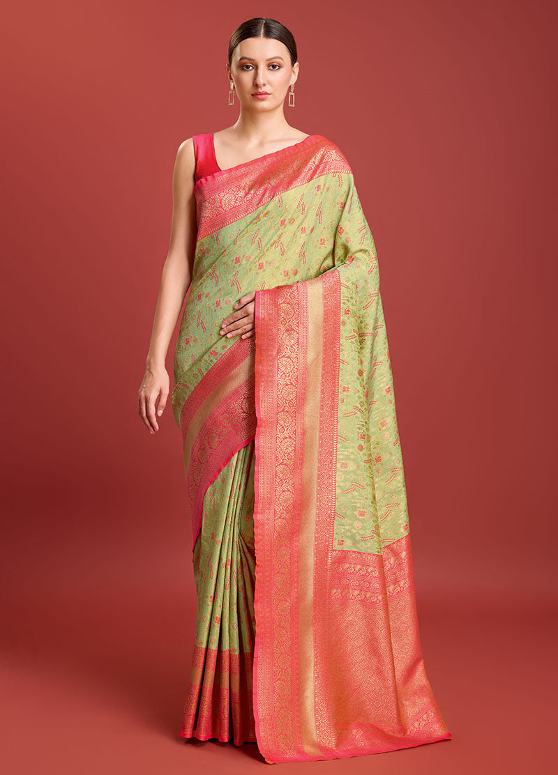Women's Pastel Green Colour Kanjivaram Silk Woven Traditional Sarees - Monjolika