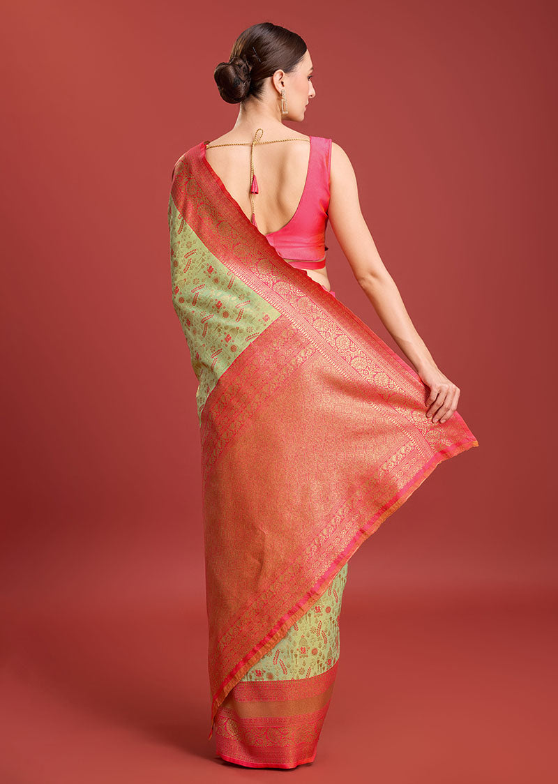 Women's Pastel Green Colour Kanjivaram Silk Woven Traditional Sarees - Monjolika