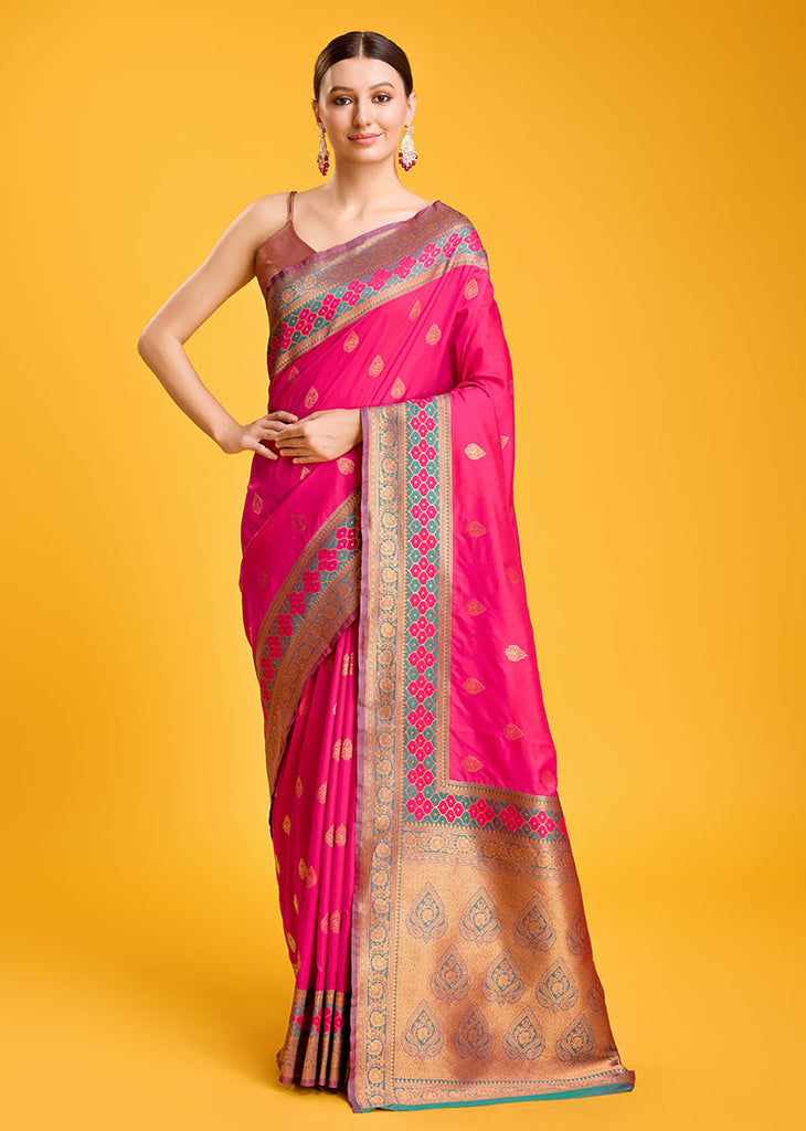 Women's Rani Pink Colour Woven Banarasi Silk Saree For Women
