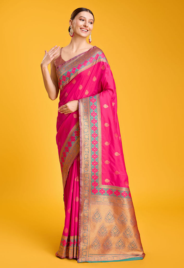 Women's Rani Pink Colour Woven Banarasi Silk Saree For Women
