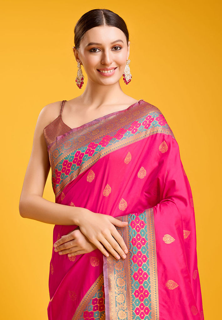 Women's Rani Pink Colour Woven Banarasi Silk Saree For Women