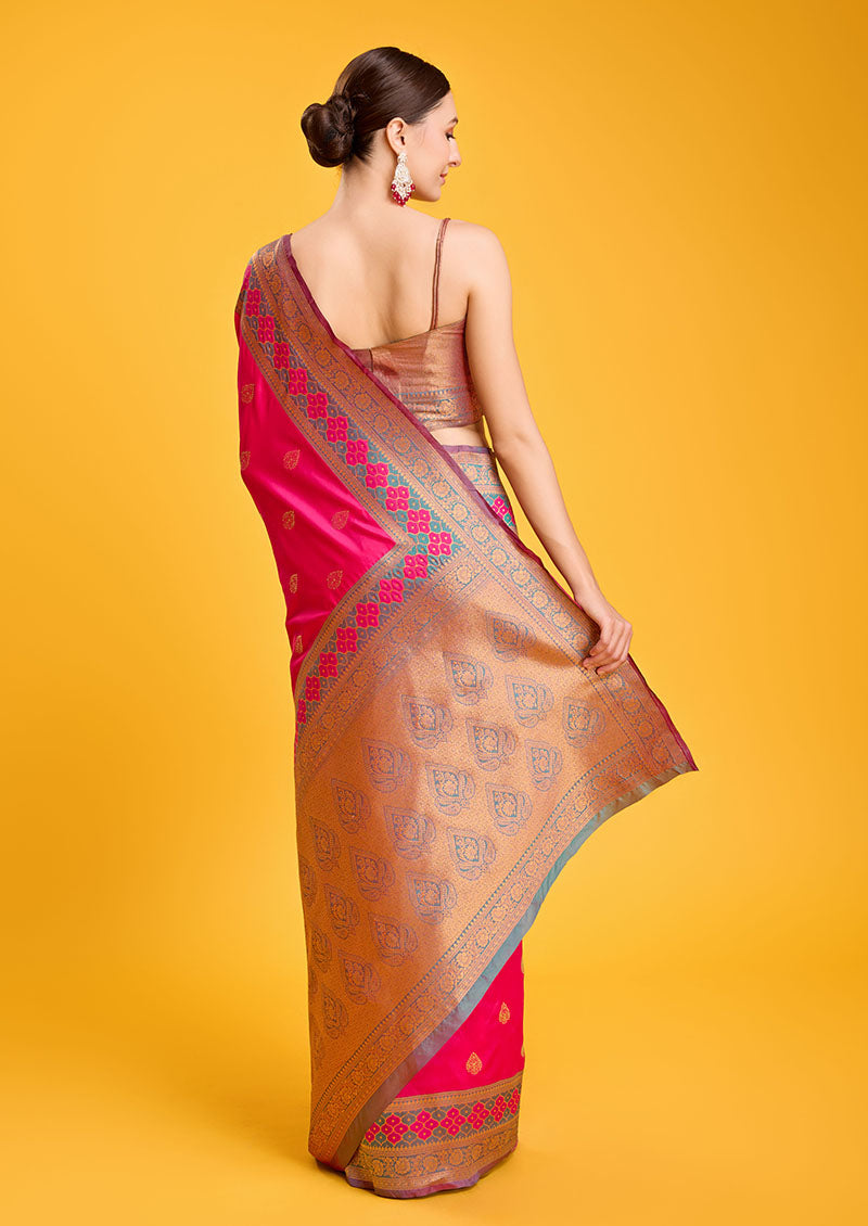 Women's Rani Pink Colour Woven Banarasi Silk Saree For Women - Monjolika