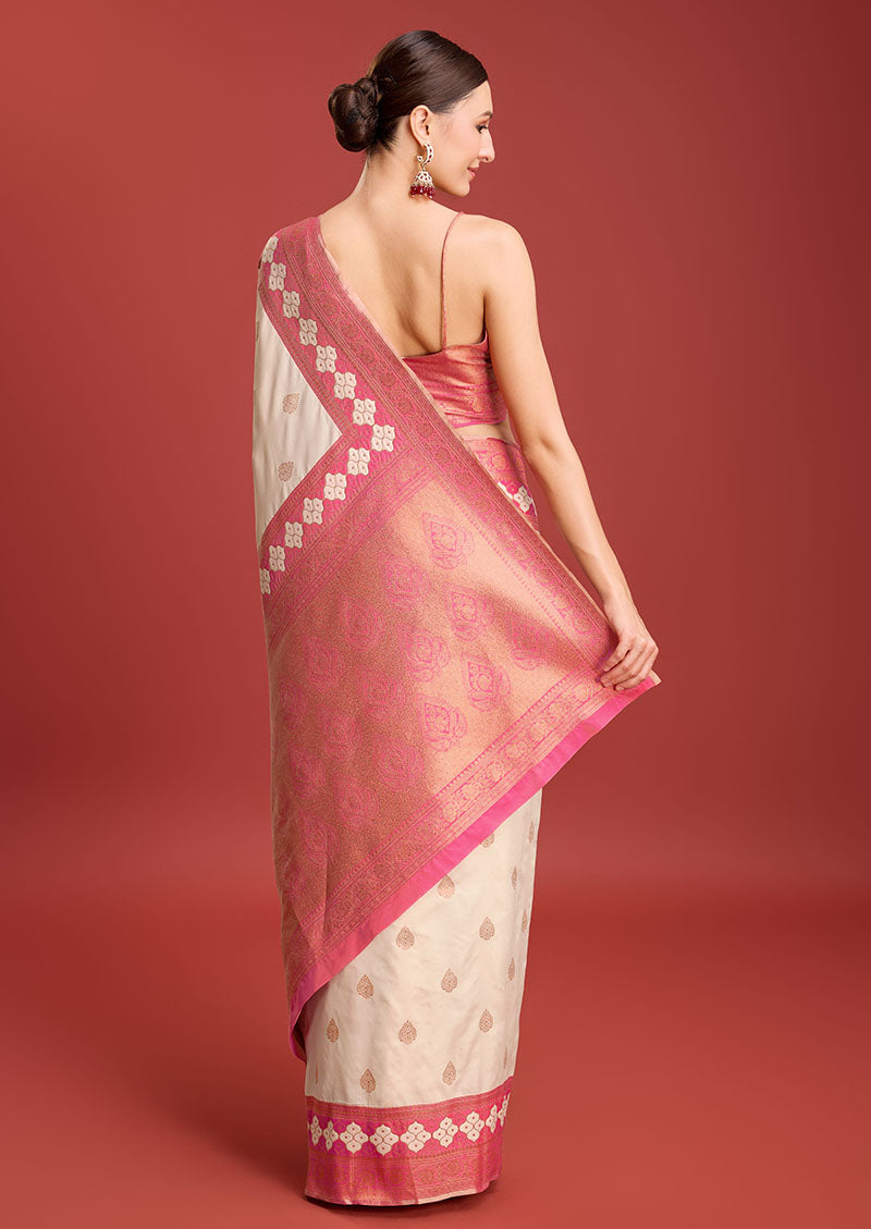 Women's Cream Colour Woven Banarasi Silk Saree For Women - Monjolika