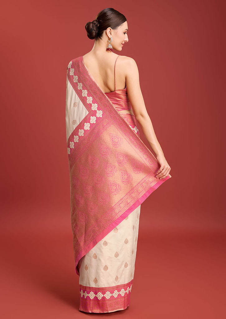 Women's Cream Colour Woven Banarasi Silk Saree For Women