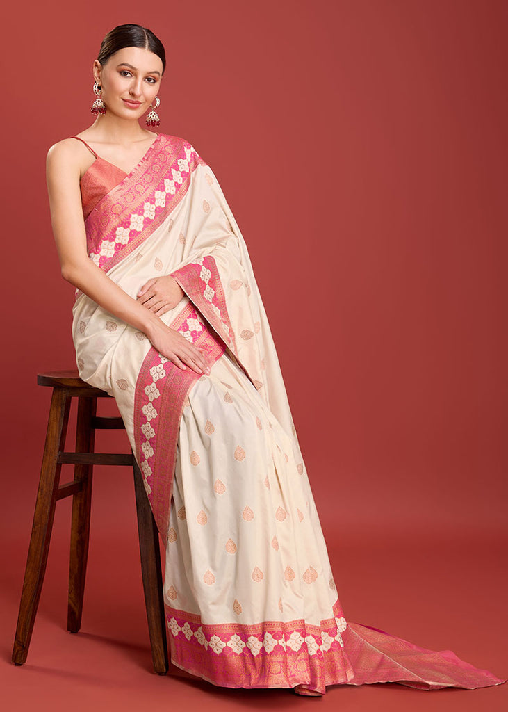 Women's Cream Colour Woven Banarasi Silk Saree For Women