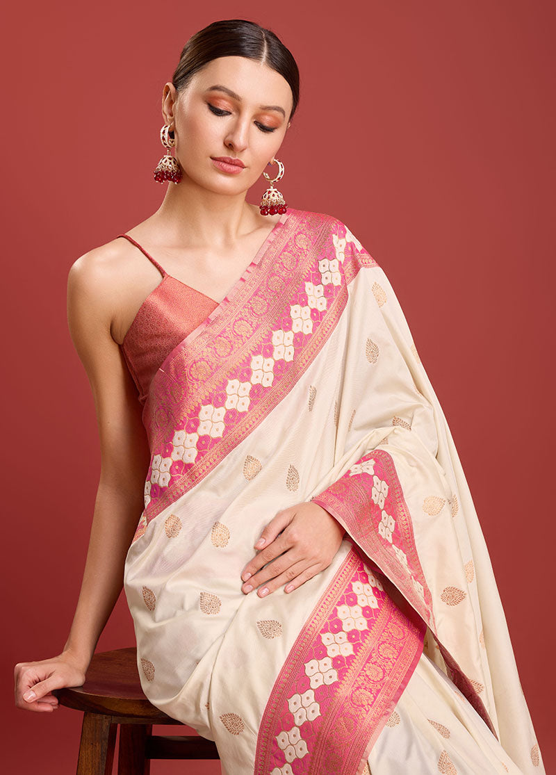 Women's Cream Colour Woven Banarasi Silk Saree For Women - Monjolika