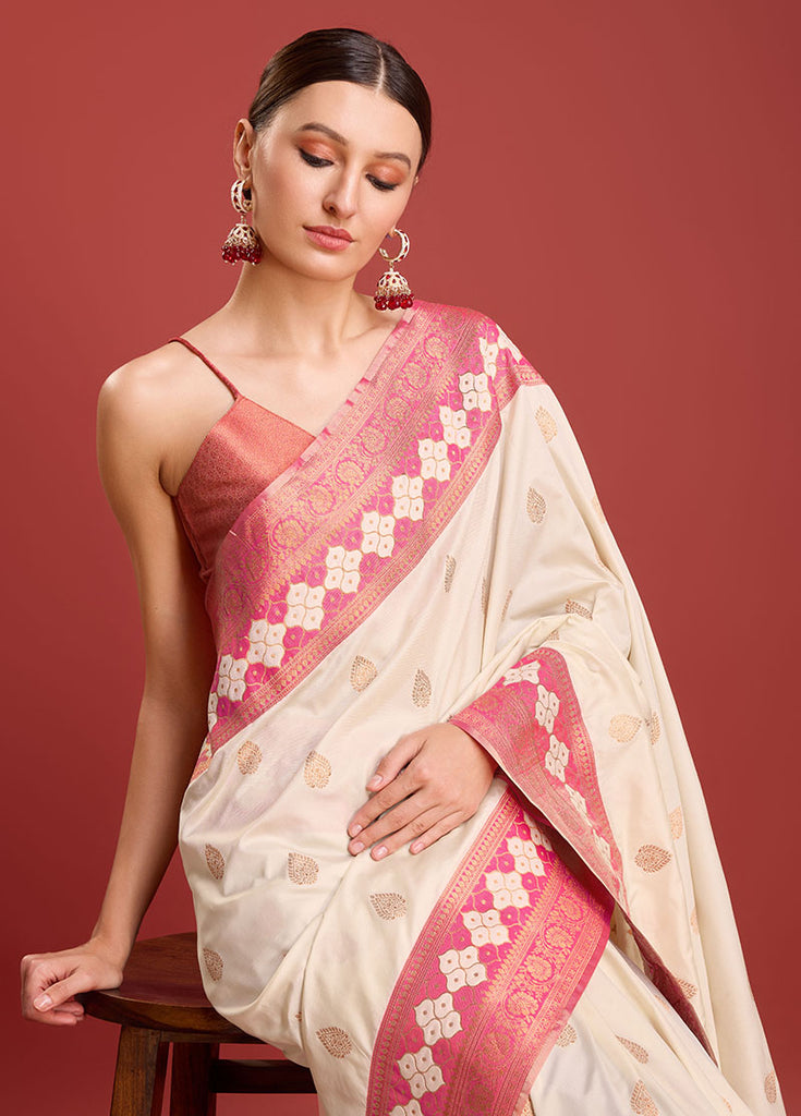 Women's Cream Colour Woven Banarasi Silk Saree For Women