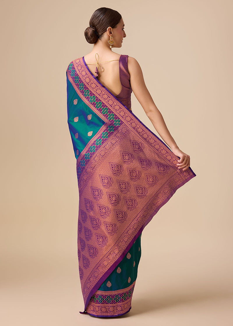 Women's Dark Teal Colour Woven Banarasi Silk Saree For Women - Monjolika