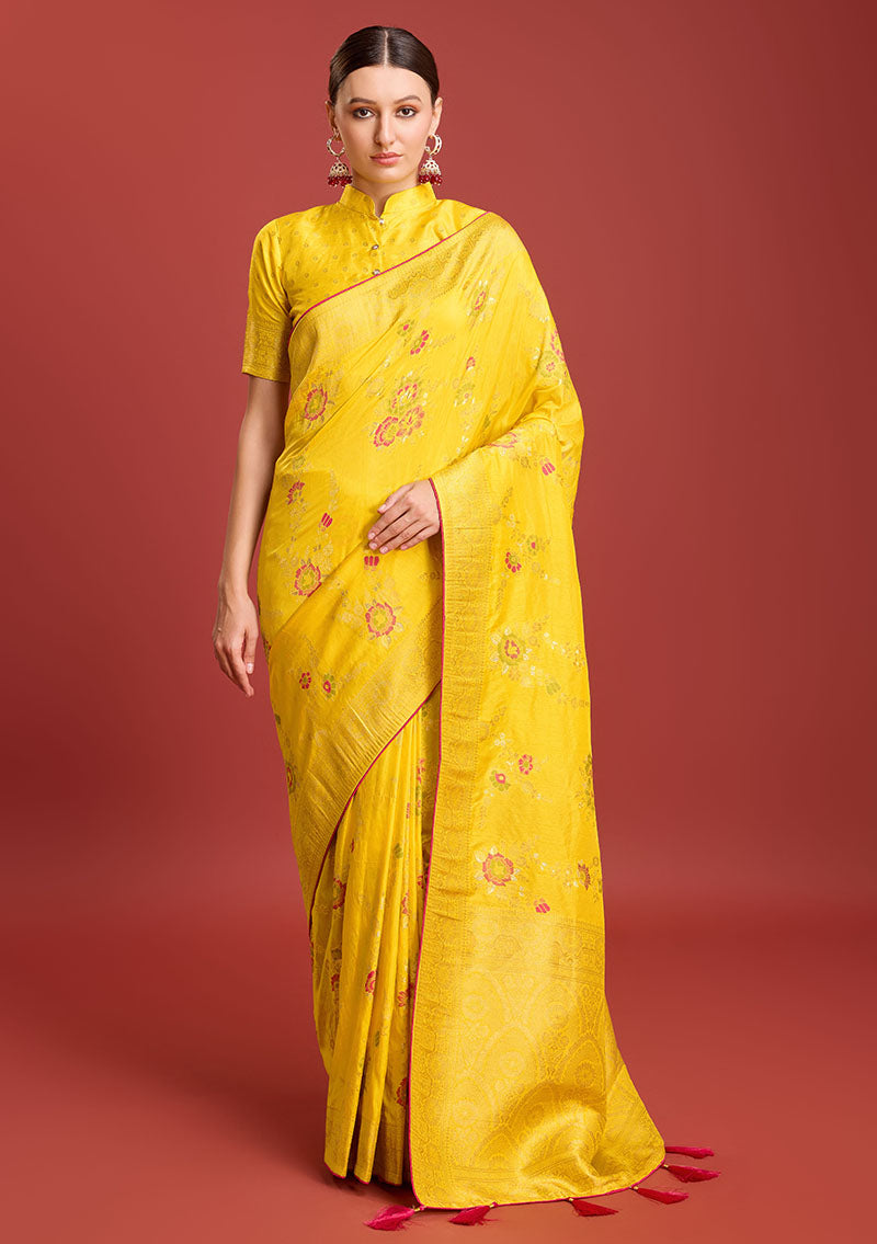 Women's Yellow Colour Woven Banarasi Viscose Silk Saree For Women - Monjolika